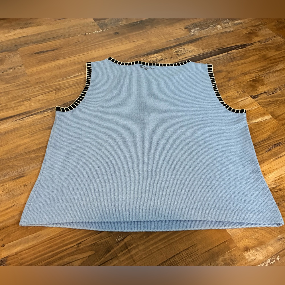 St John women’s L Knit Top Blue Sleeveless Tank Black Trim Santana Sport - Picture 4 of 5